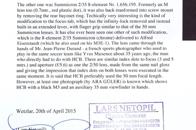 Leitz Summicron M39 ƒ2/35mm lens, black paint “Cartier-Bresson” *, 1959