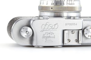 KMZ “Fed Zorki” rangefinder film camera, 1949 rewinder top