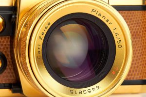Contax RTS Gold 50th Anniversary 35mm SLR film camera 1982 Planar lens detail