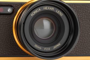 Konica Hexar Gold 120th Anniversary 35mm film rangefinder camera lens detail