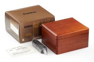 Konica Hexar Gold 120th Anniversary 35mm film rangefinder camera wooden box