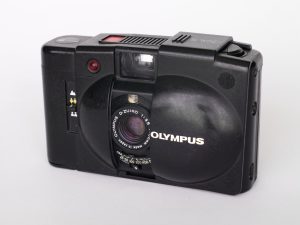 Olympus XA2 compact clam-shell 35mm film rangefinder camera open